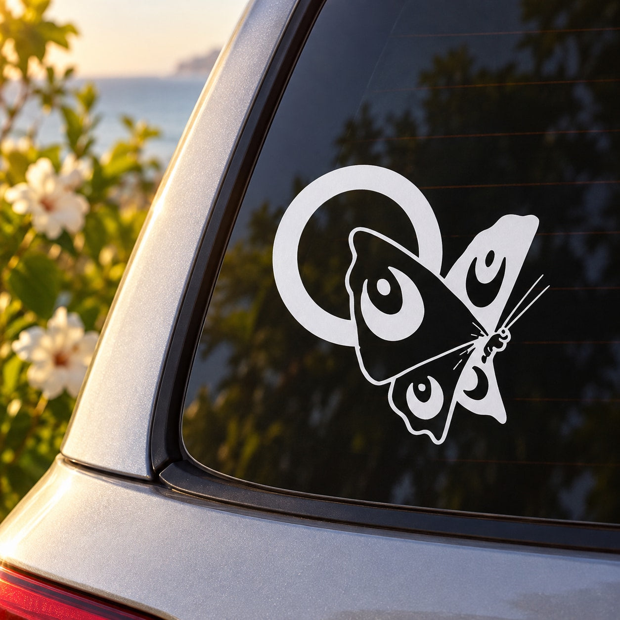 Car window decal: contrasting butterfly graphic inside a white circle