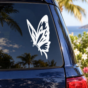Winged butterfly decal, white tail-wing butterfly on dark car window