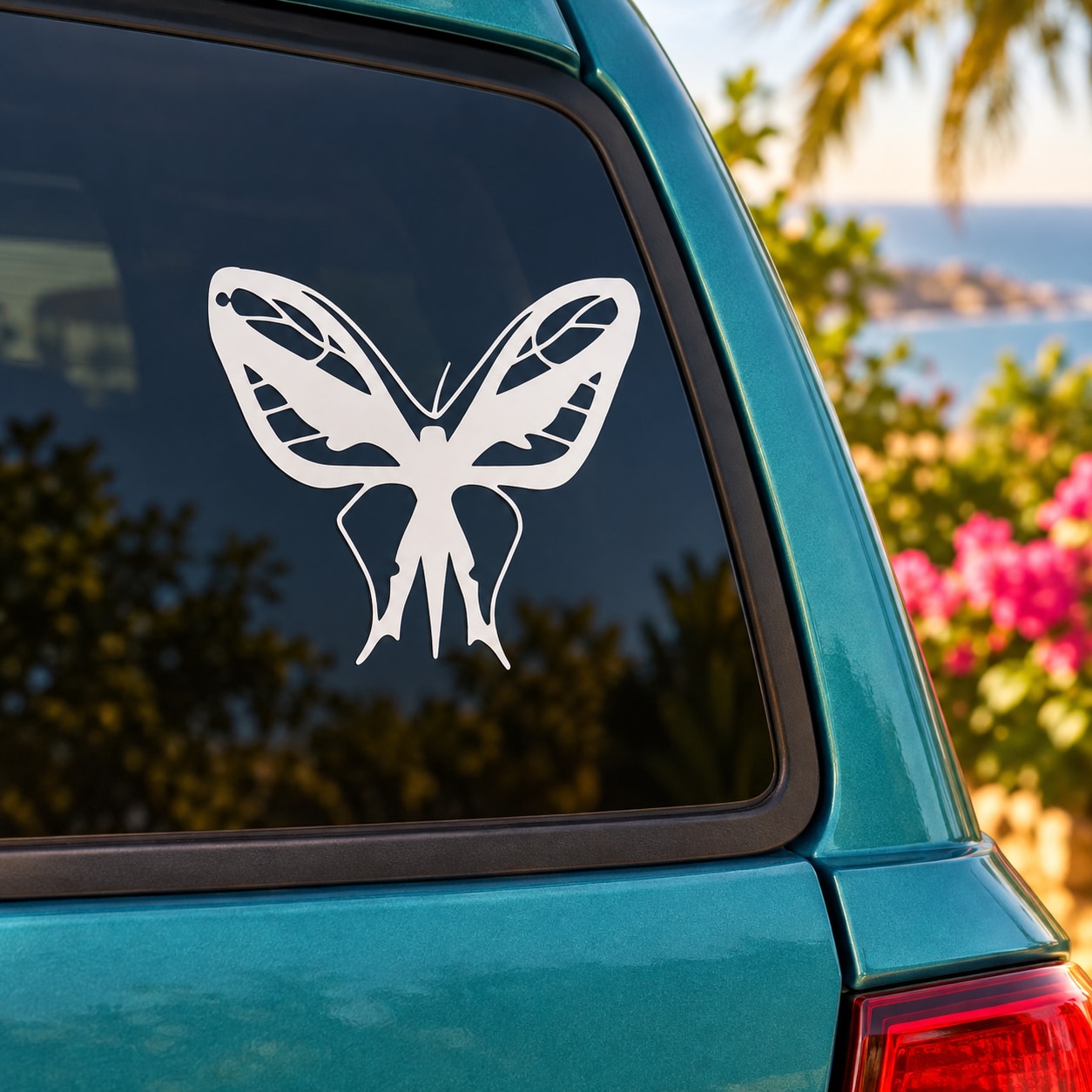 Eagle and butterfly silhouette vinyl decal, white graphic for car window