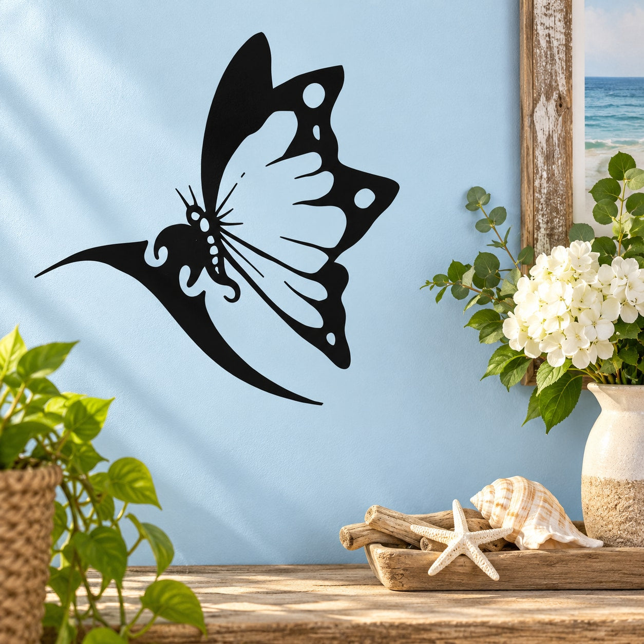 Tribal butterfly wall decal, black and white stylized wing design