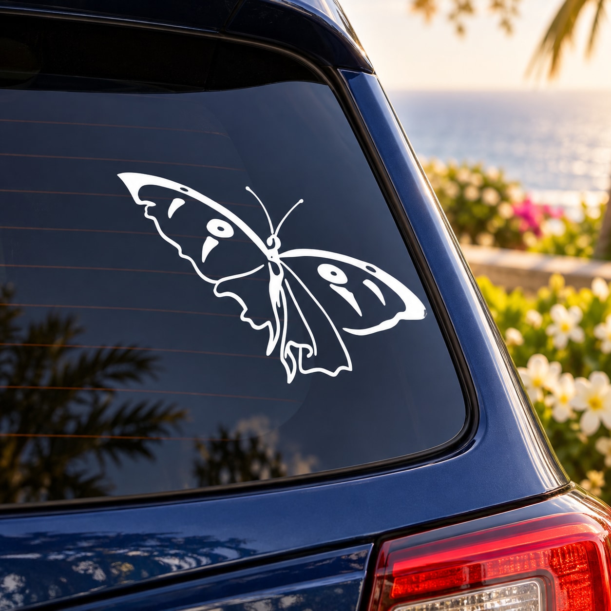 Dotted wing butterfly car decal in white on dark blue window