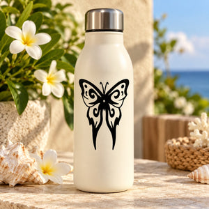 Cream reusable water bottle with black tribal butterfly decal and metallic silver cap