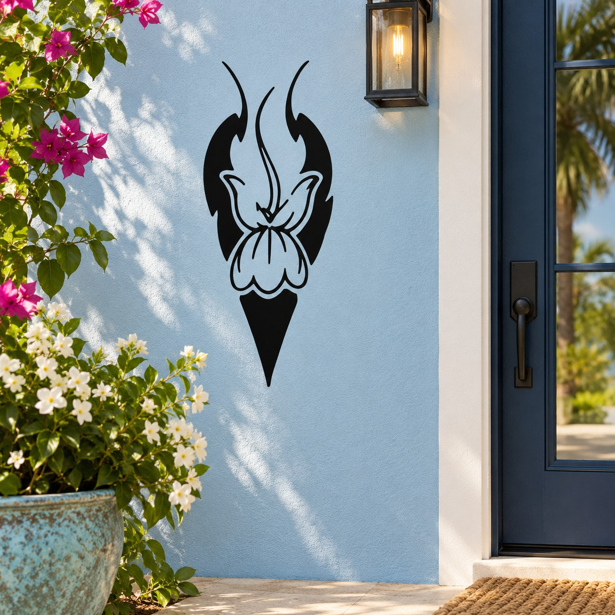 Black butterfly wall decal with flaming wing design, vinyl sticker silhouette
