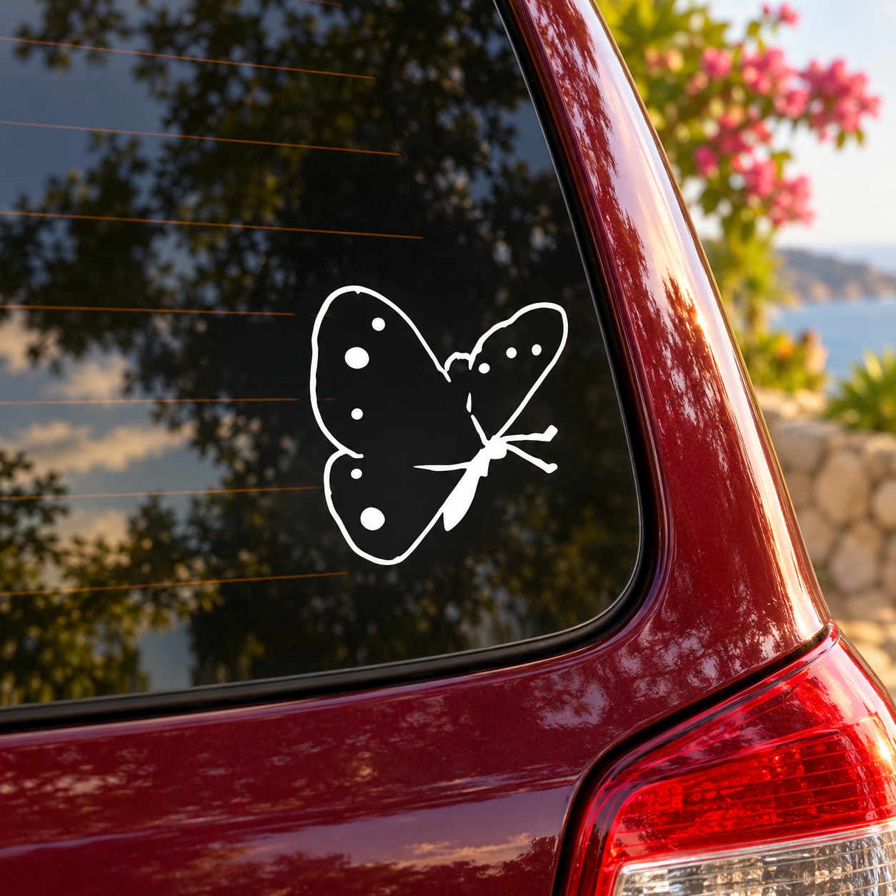 White butterfly vinyl decal on red car window glass