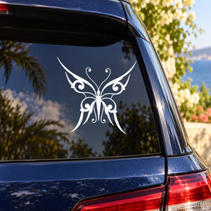White ornate butterfly vinyl decal with curled wings for car window