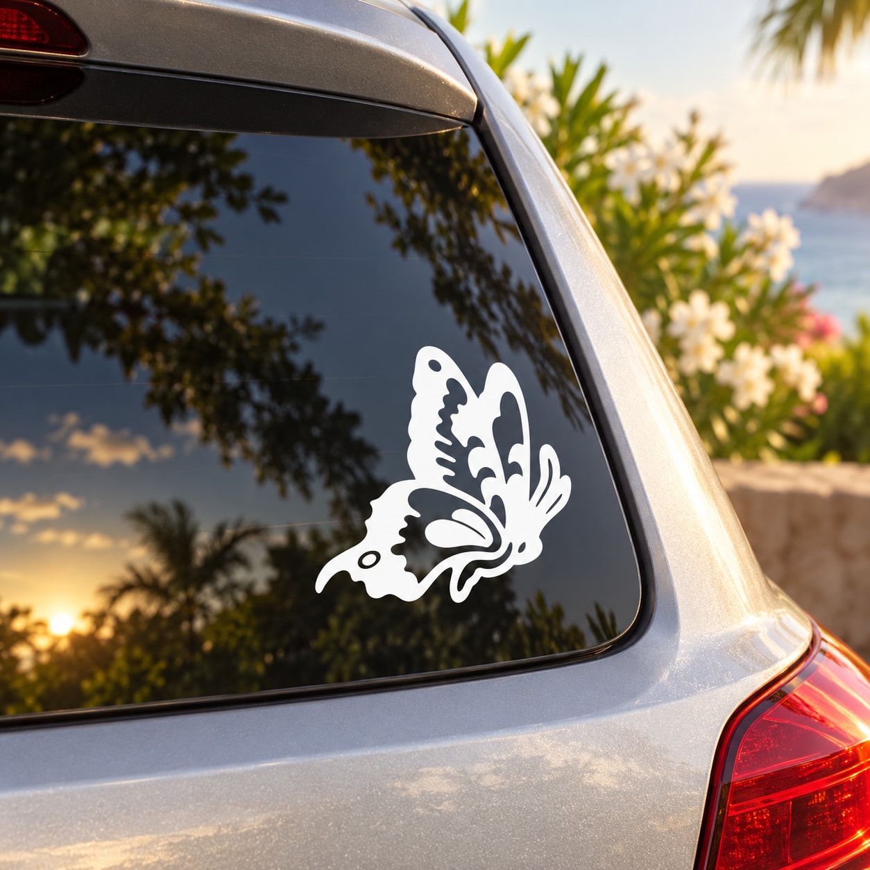 White butterfly vinyl decal on car rear window