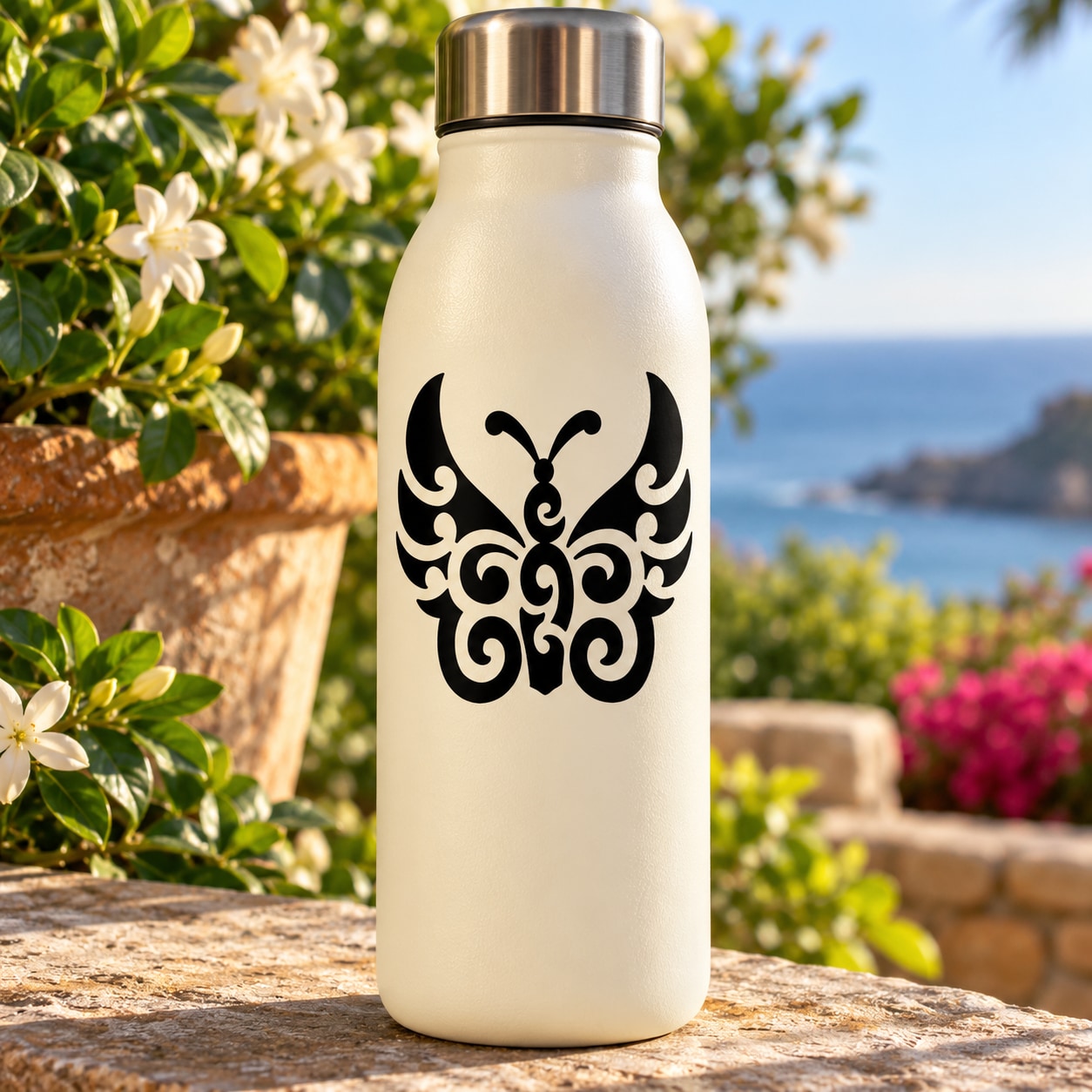 Black butterfly vinyl decal with ornate swirls on a white bottle