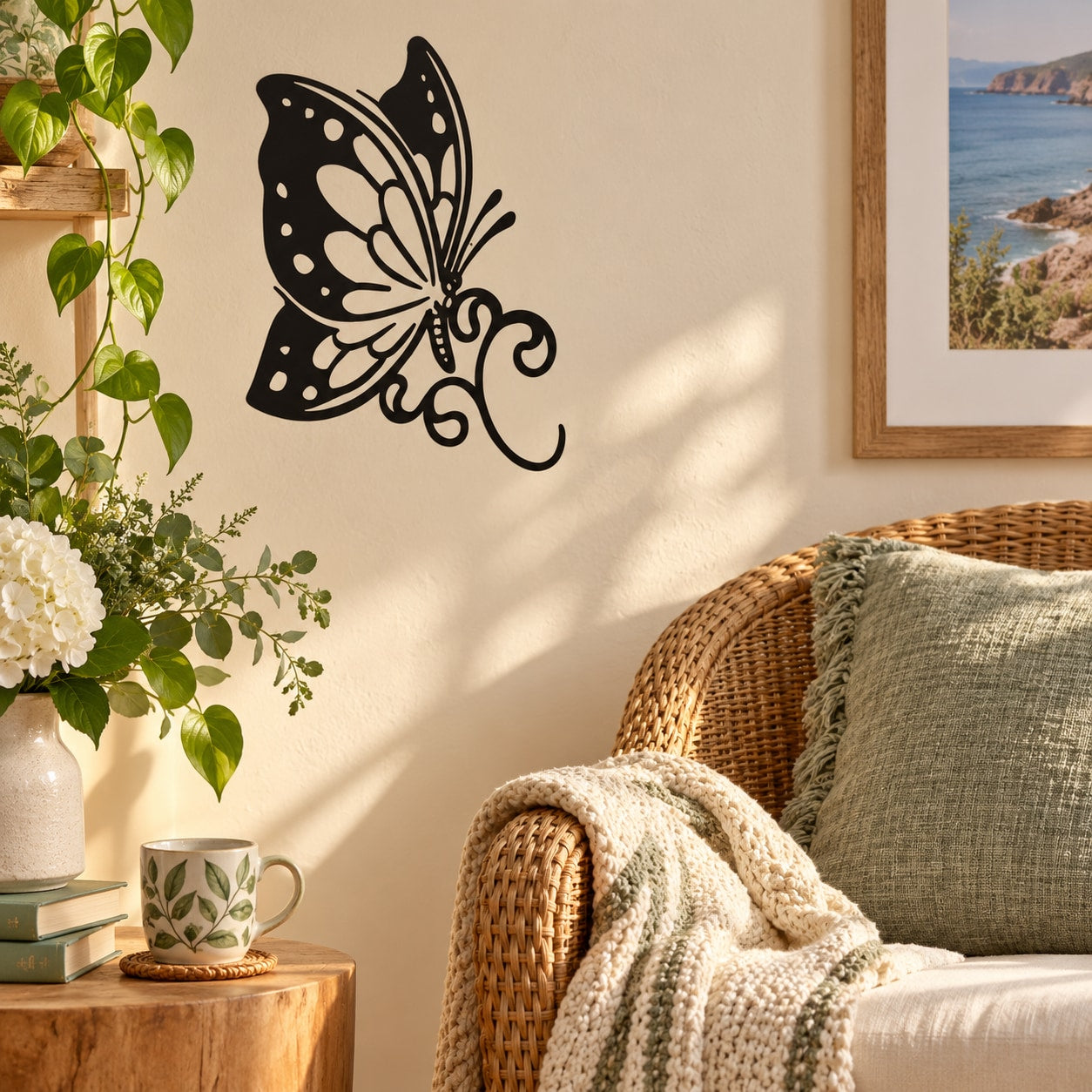 Black butterfly vinyl wall decal with white wing dots and curled antennae.