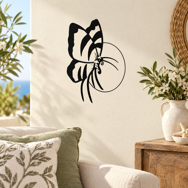 Black butterfly vinyl wall decal with spiral antenna design