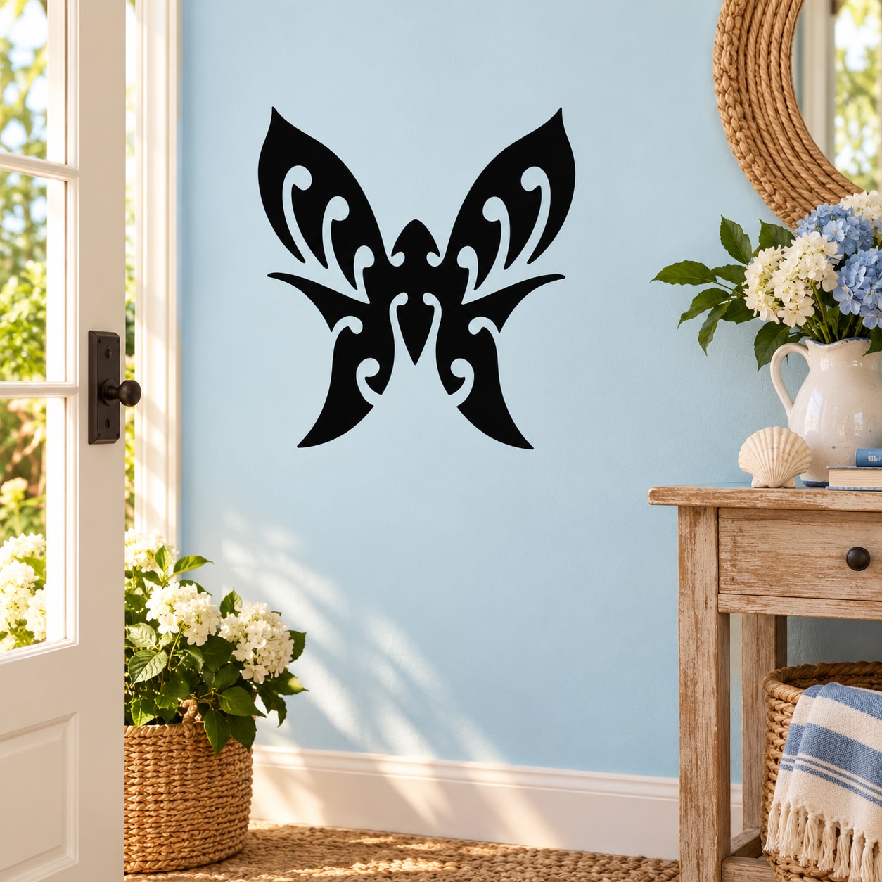 Black butterfly wall decal with symmetrical wing pattern, vinyl sticker