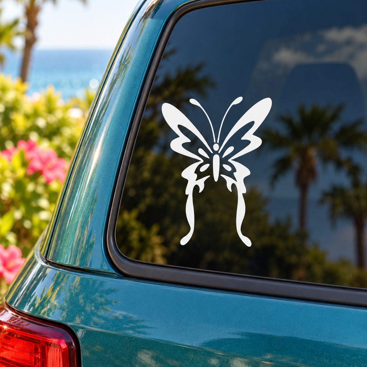 White butterfly vinyl decal on car window, decorative wings and antenna
