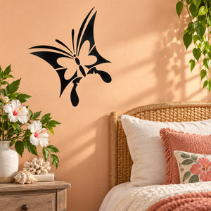 Black butterfly vinyl wall decal with spread wings, decorative silhouette