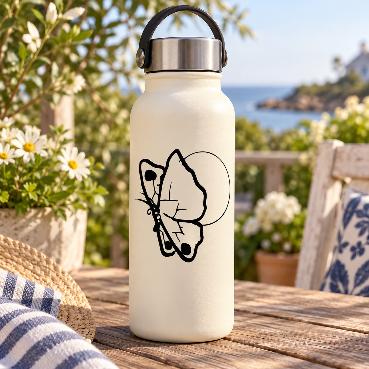 Butterfly vinyl decal outline with antenna and dot accents on a light surface
