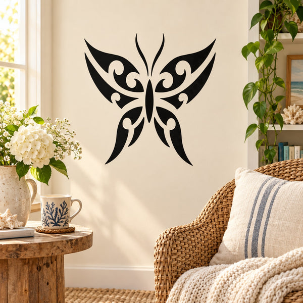 Butterfly vinyl wall decal in black with ornate wing design