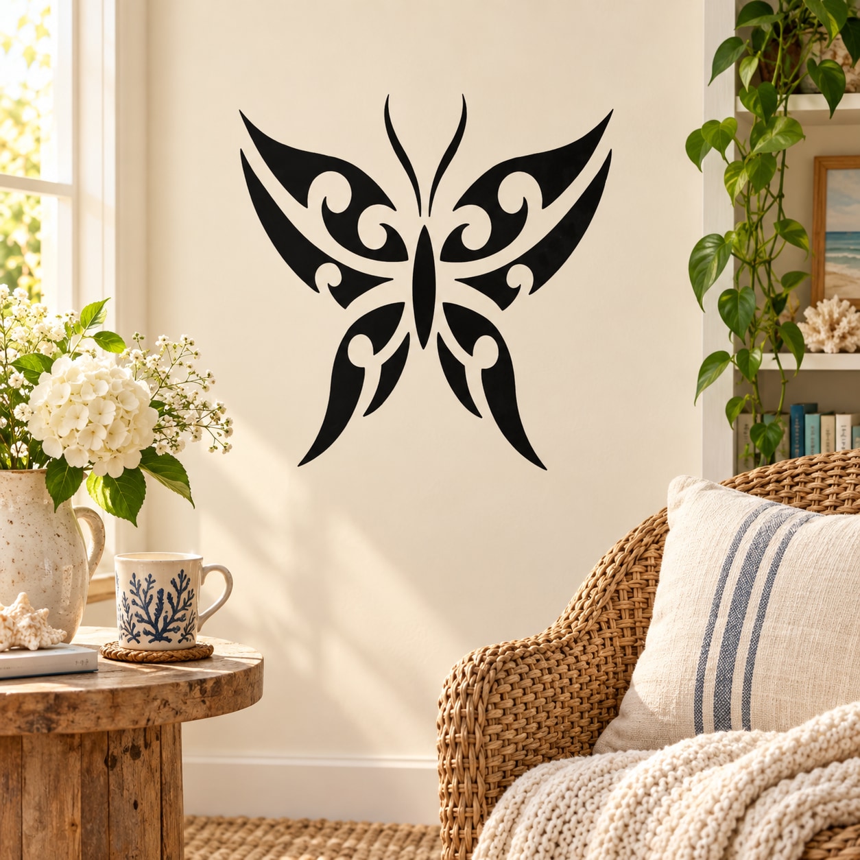 Butterfly vinyl wall decal in black with ornate wing design