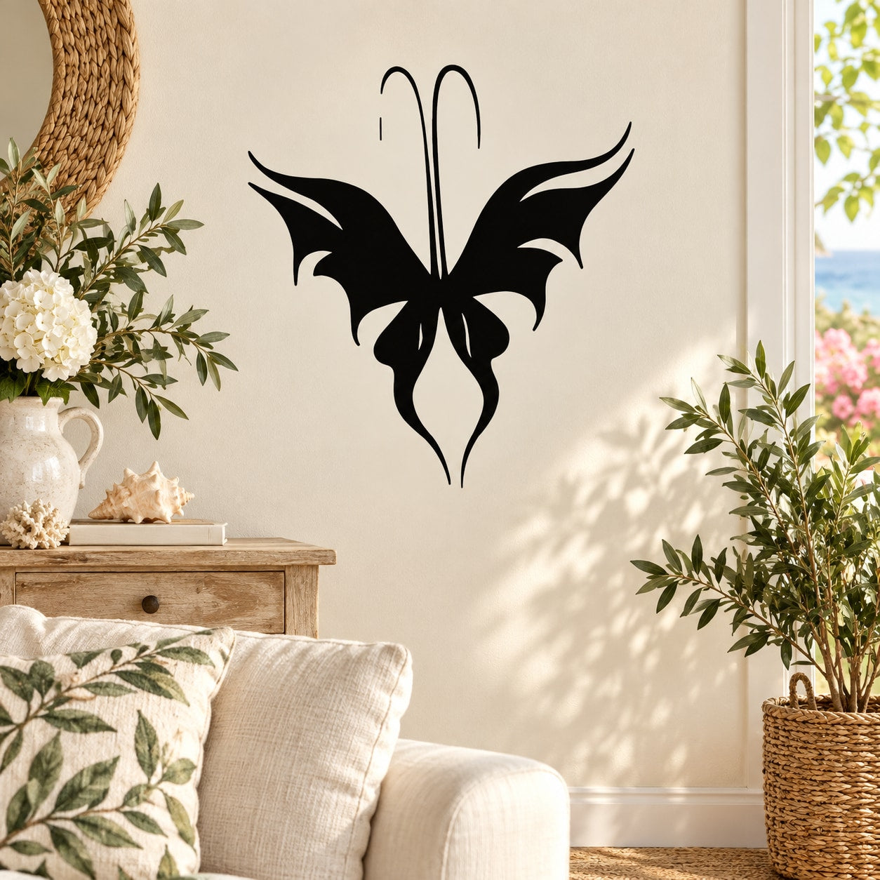 Black butterfly vinyl wall decal with extended antennae