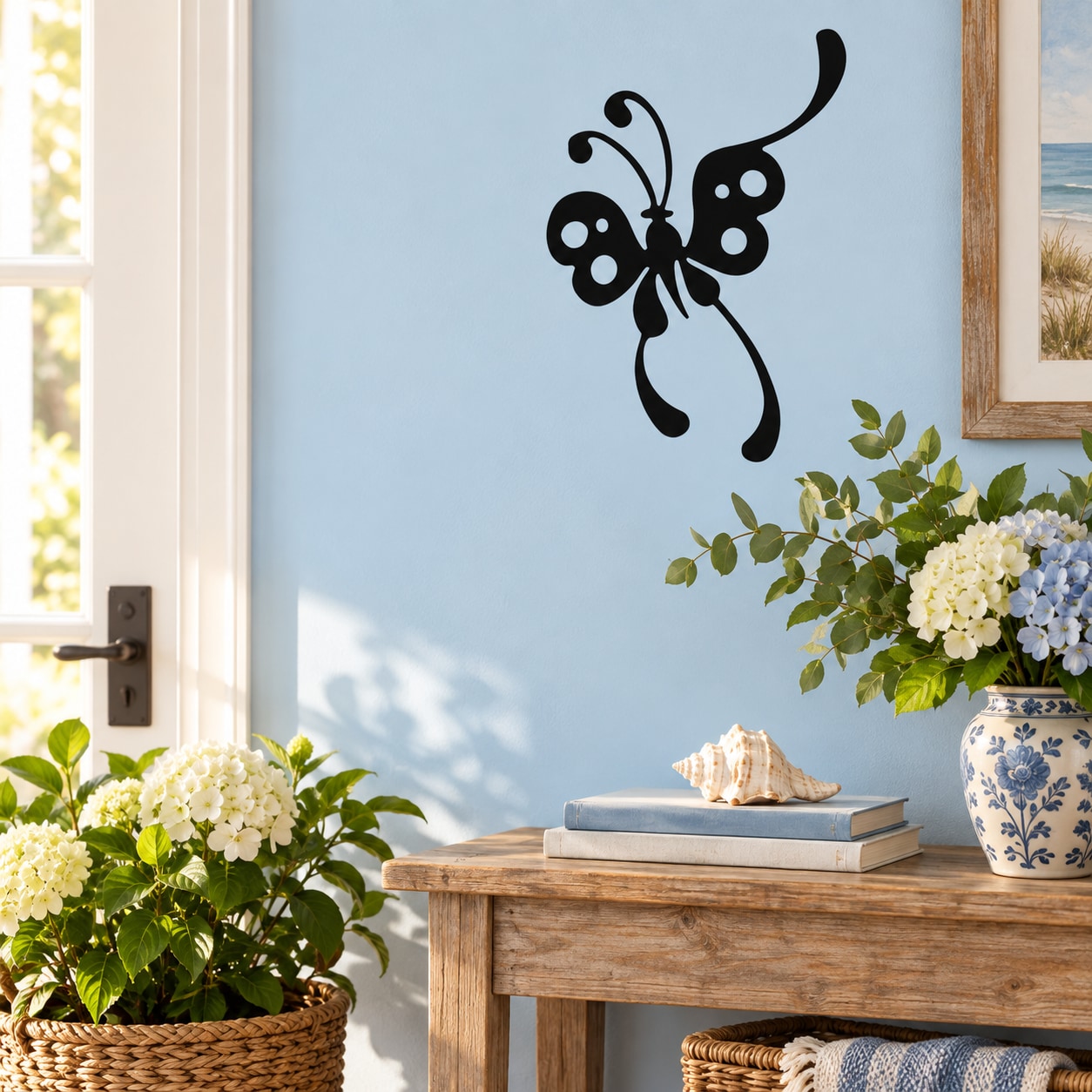 Black butterfly vinyl wall decal with whimsical curl accents