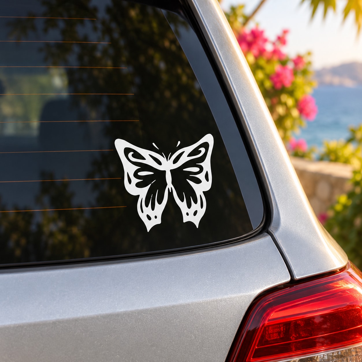 White butterfly vinyl car decal on car rear window, butterfly silhouette