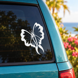 Butterfly vinyl decal on a car window, white butterfly silhouette