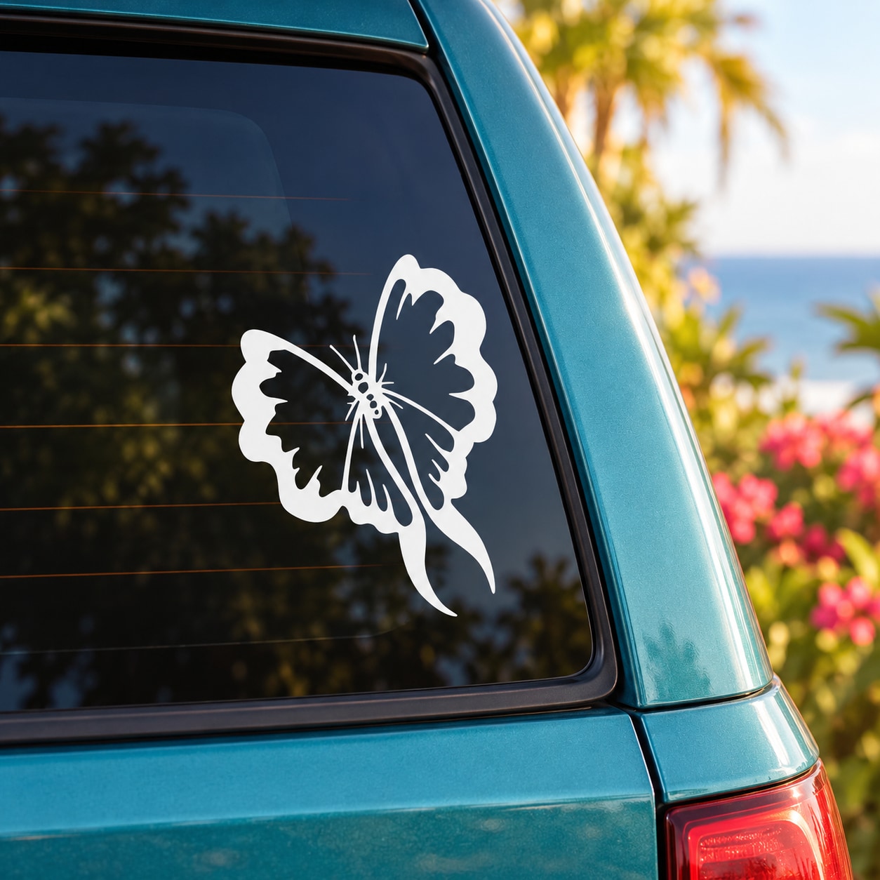 Butterfly vinyl decal on a car window, white butterfly silhouette