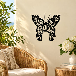 Black ornate butterfly vinyl wall decal with detailed swirls