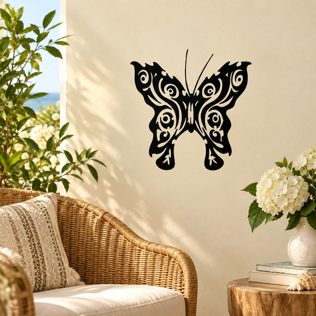 Black ornate butterfly vinyl wall decal with detailed swirls