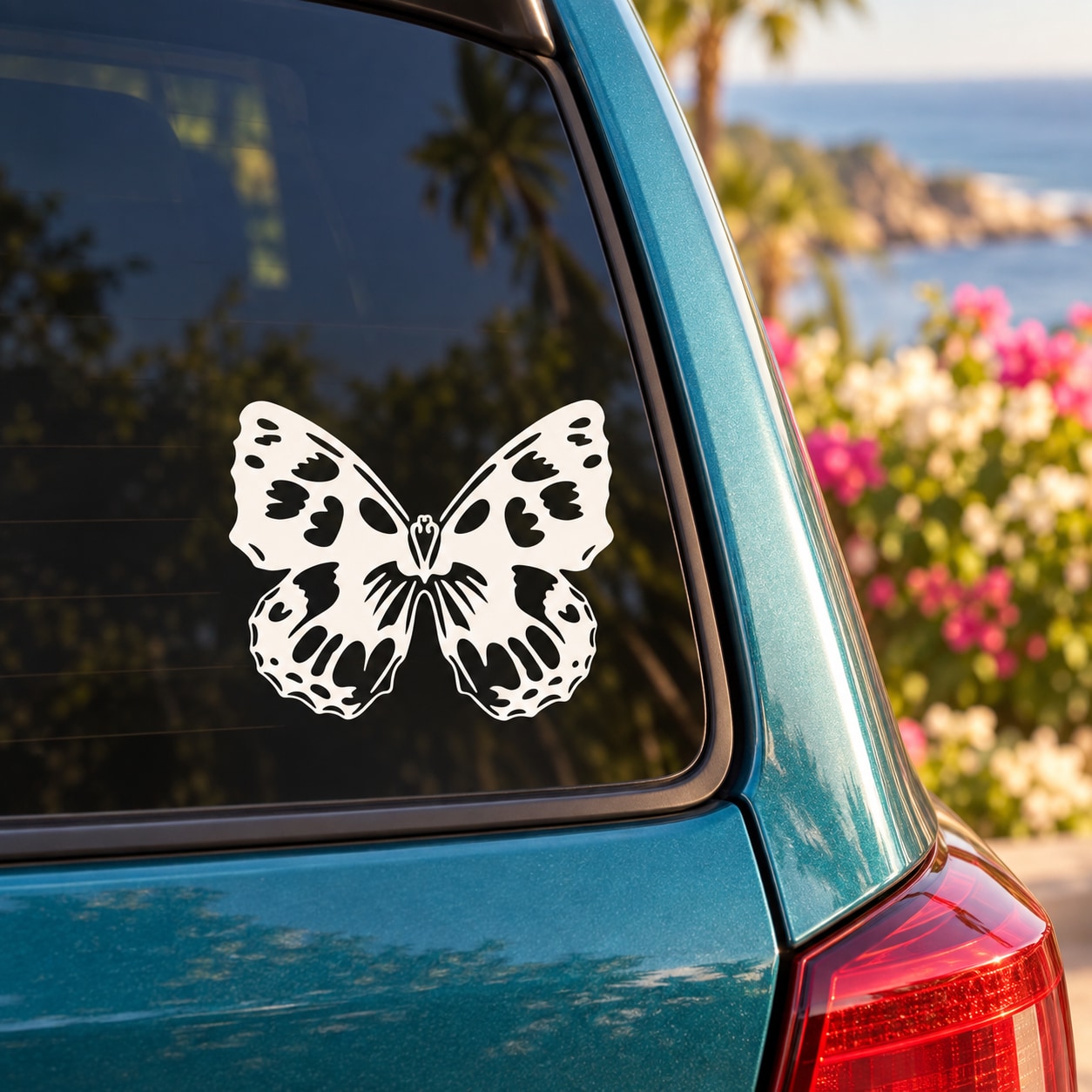 White butterfly vinyl decal on car window glass
