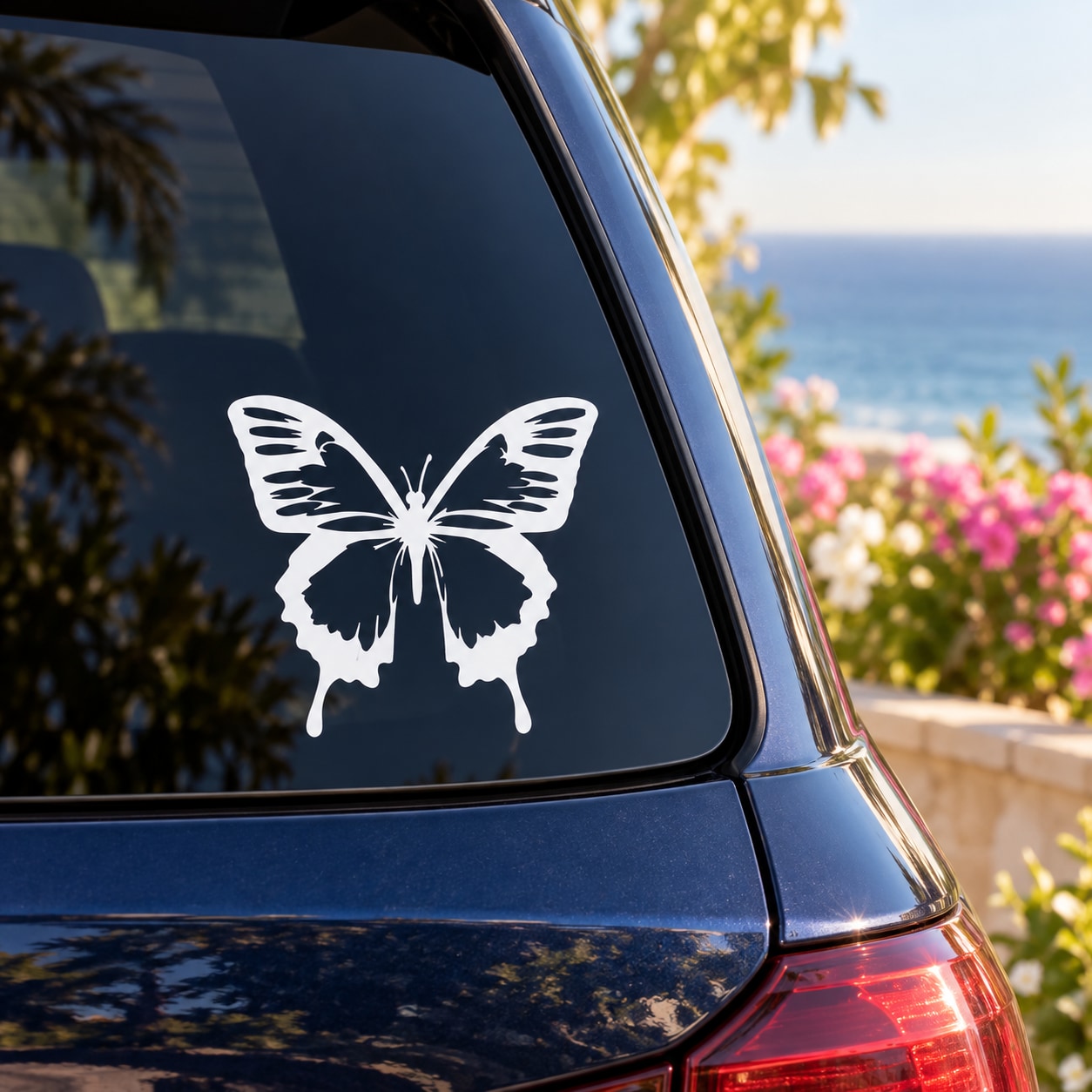 White butterfly vinyl decal with detailed wings, for car window or wall.