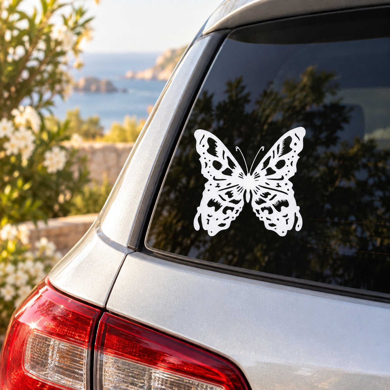 Butterfly vinyl car decal, black-and-white butterfly sticker on rear window