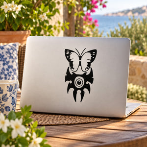 Butterfly vinyl decal sticker, black butterfly with decorative face and swirls