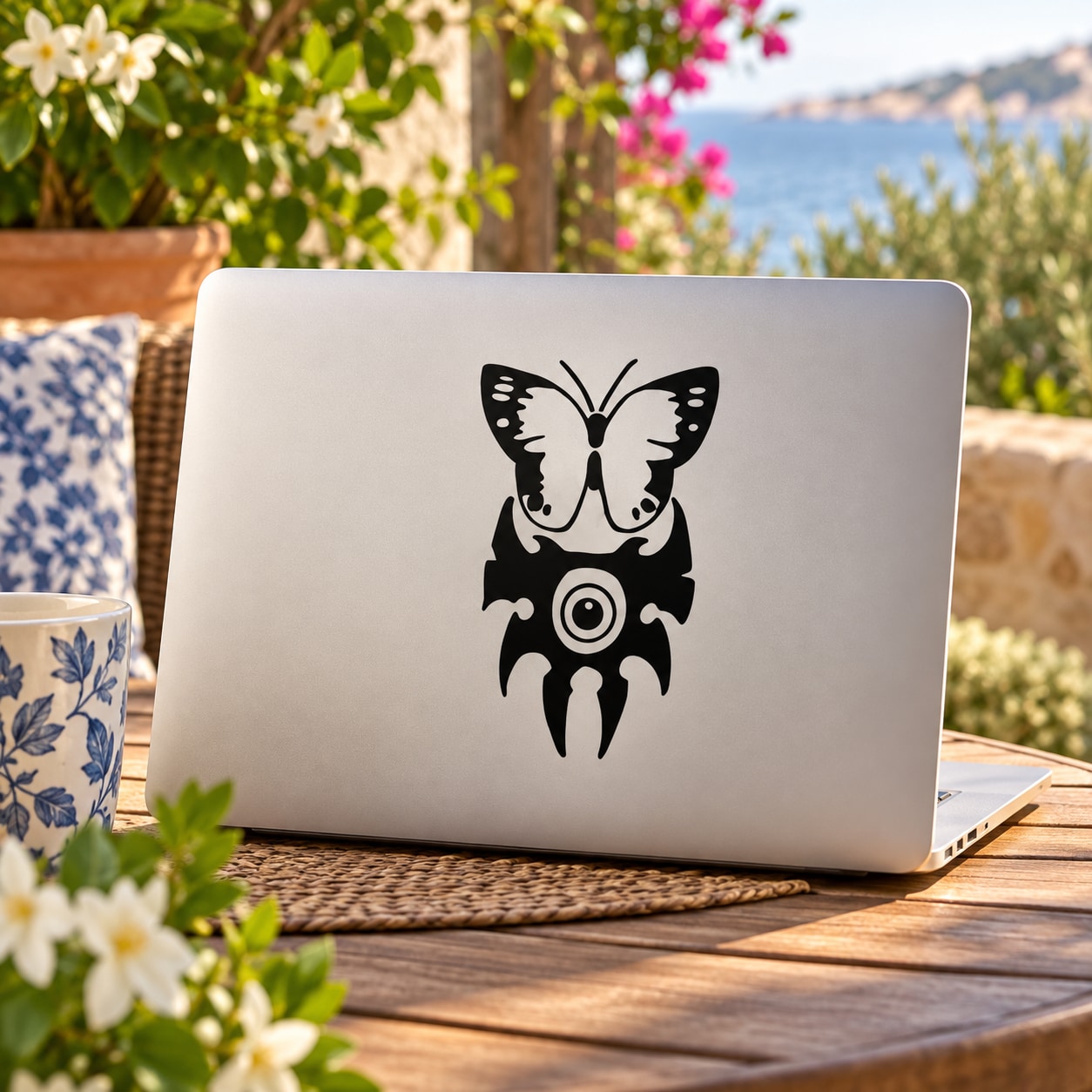 Butterfly vinyl decal sticker, black butterfly with decorative face and swirls