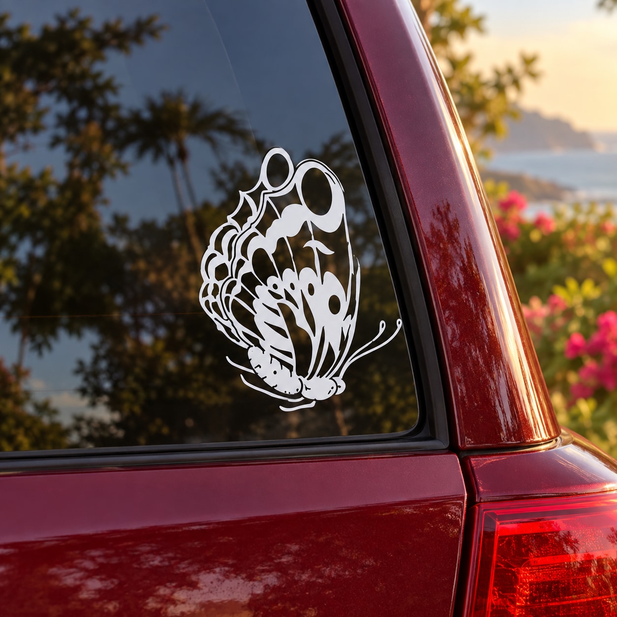 Butterfly vinyl decal in white on car window, detailed wing outline