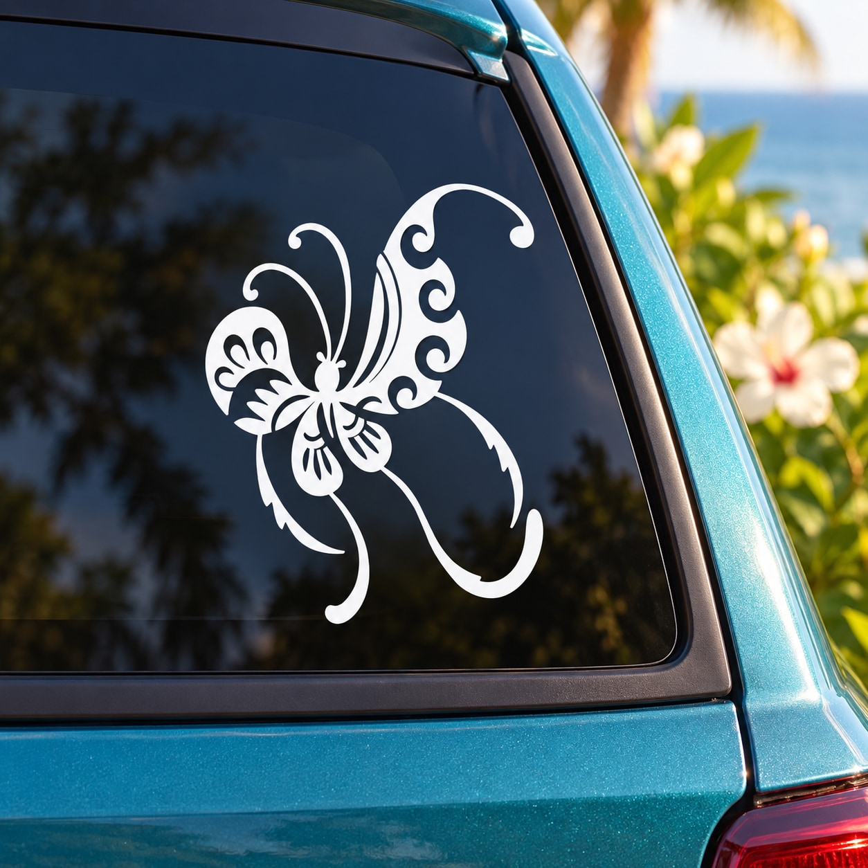 Butterfly vinyl decal with white ornamental butterfly design on car window