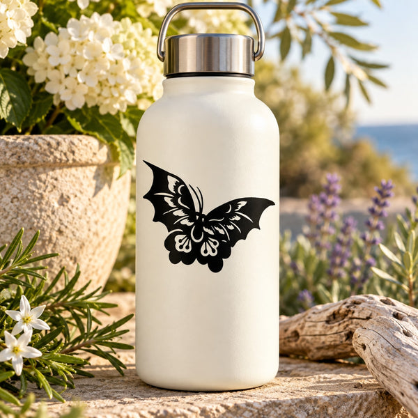 Vinyl butterfly decal: black butterfly graphic on a white bottle