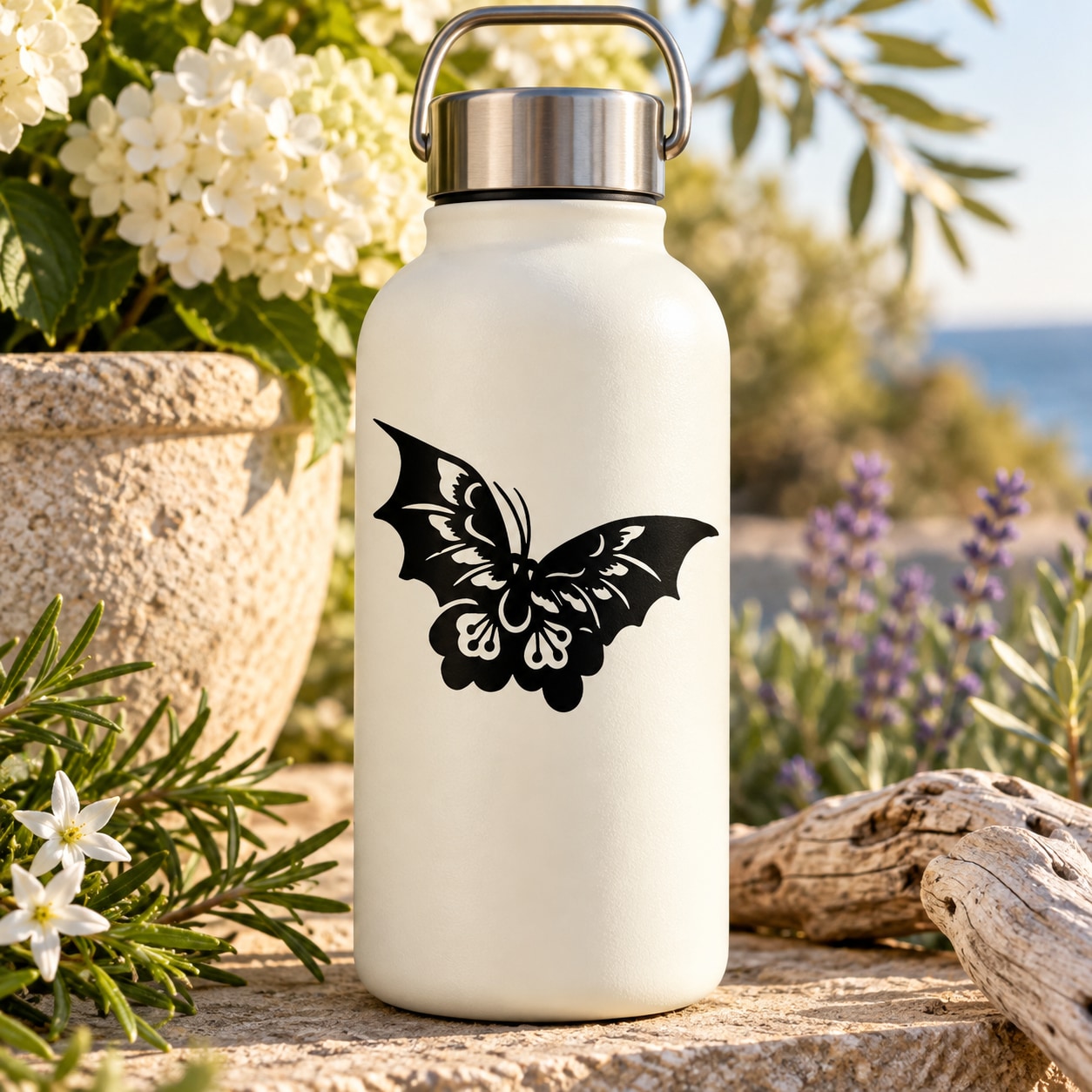 Vinyl butterfly decal: black butterfly graphic on a white bottle