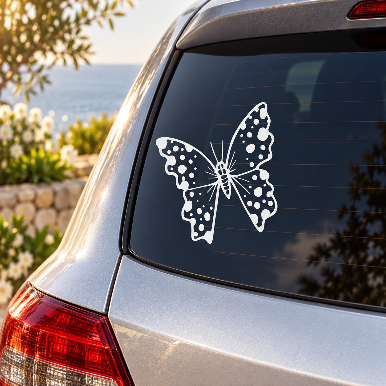 Butterfly vinyl car decal, white butterfly sticker on dark window glass