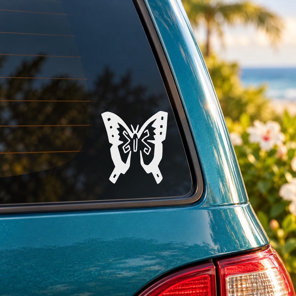 Butterfly vinyl decal sticker on dark car window, white butterfly with wings