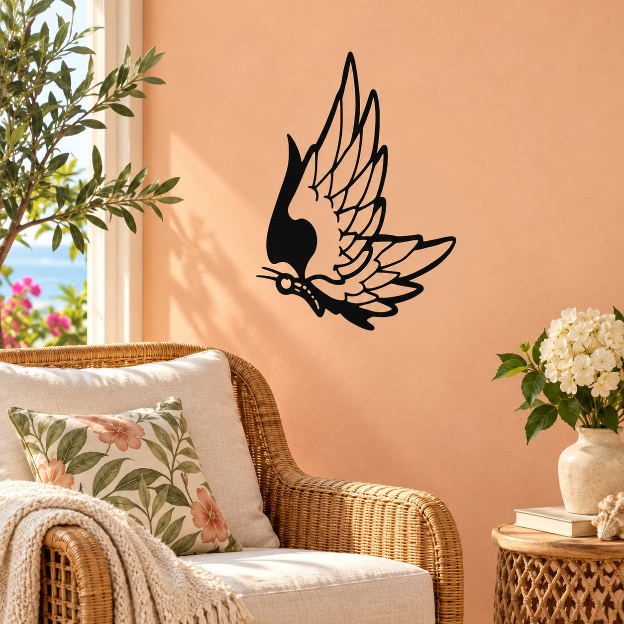 Butterfly vinyl wall decal with wings spread and black outline