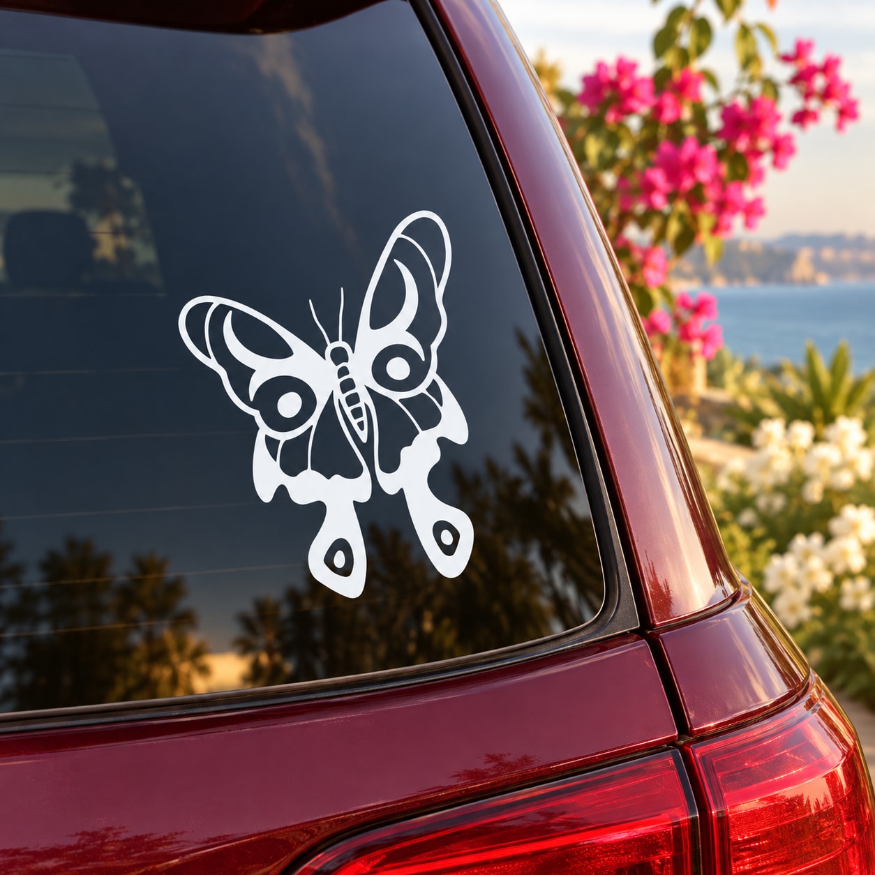 White butterfly vinyl decal for car window, outlined with dotted wings and antenna.