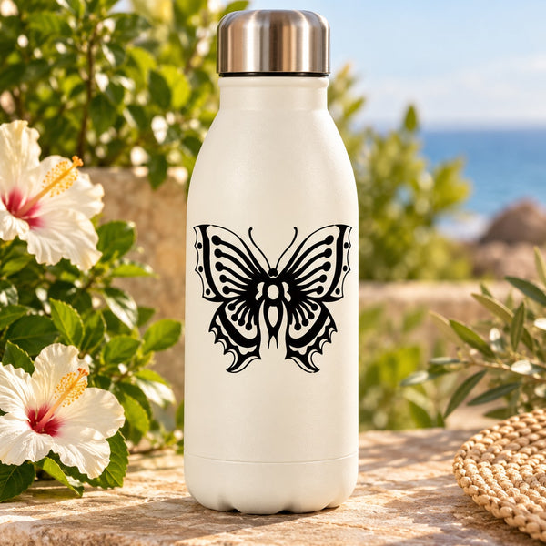 Butterfly wall decal, black outlined butterfly design on a bottle
