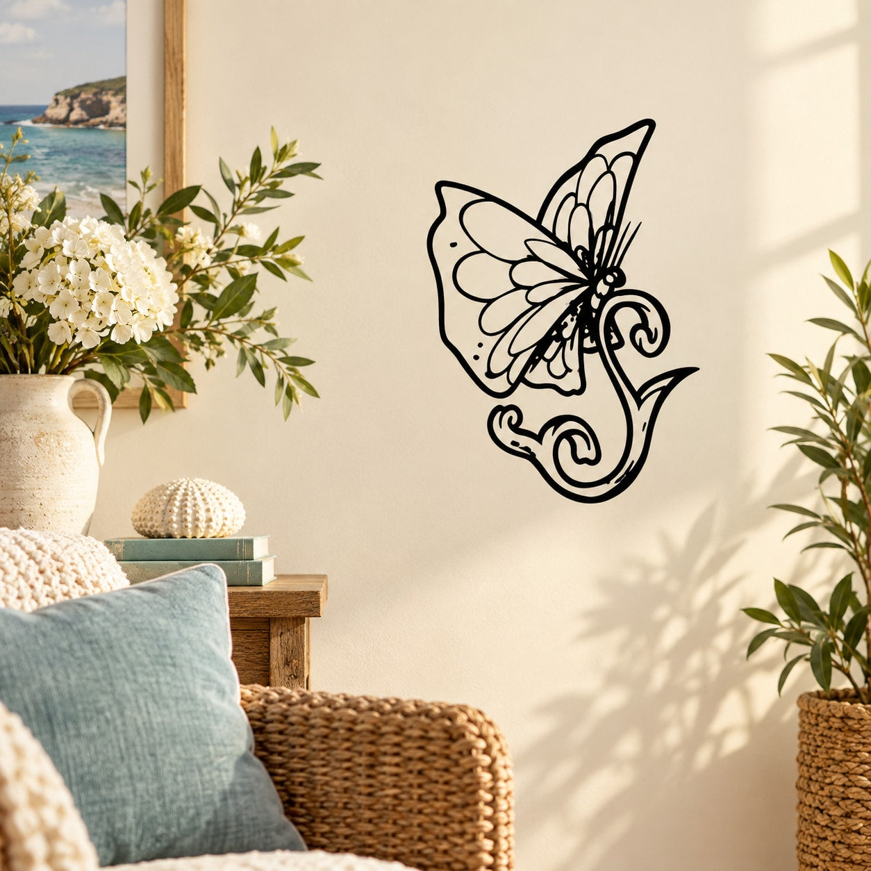Butterfly vinyl wall decal with black line-art design