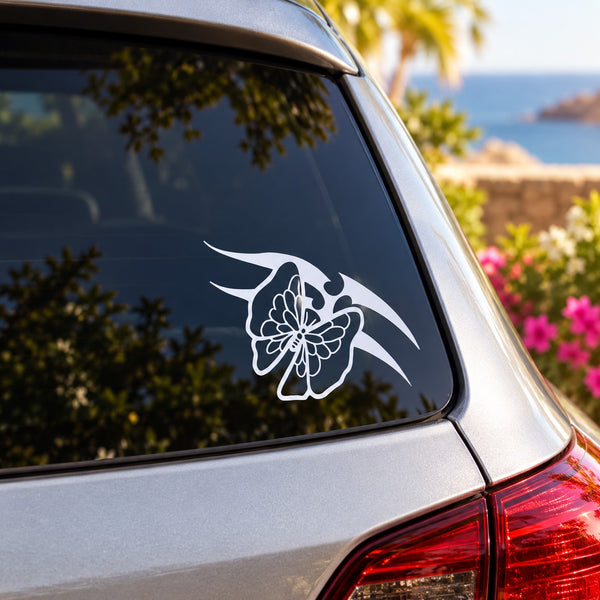 White butterfly vinyl decal for car window, outlined with floral details