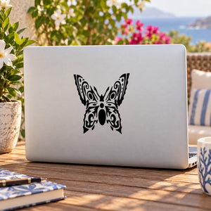 Black butterfly vinyl decal with ornate line design, ready for wall or car.