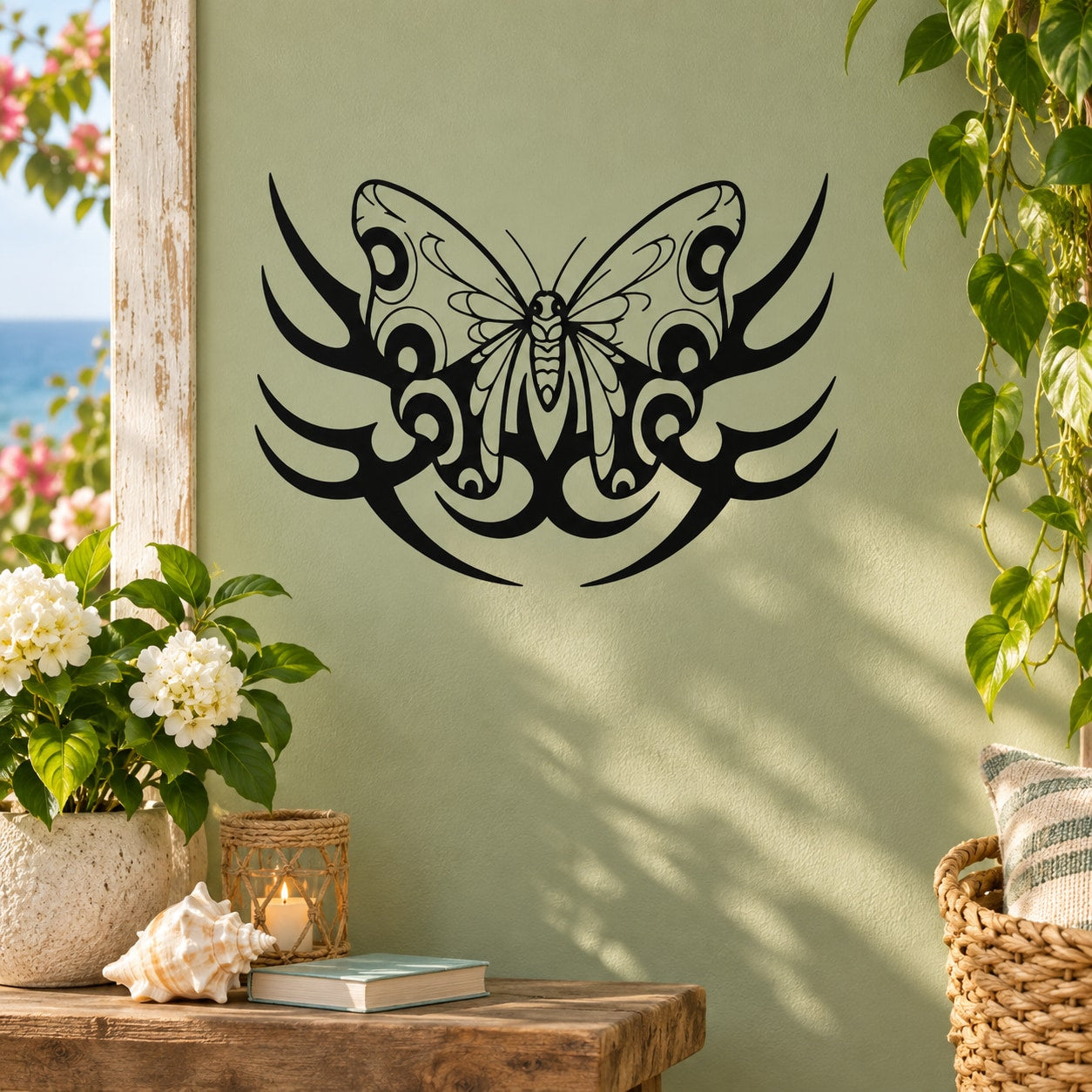 Black butterfly vinyl wall decal with ornate tribal wings and swirls