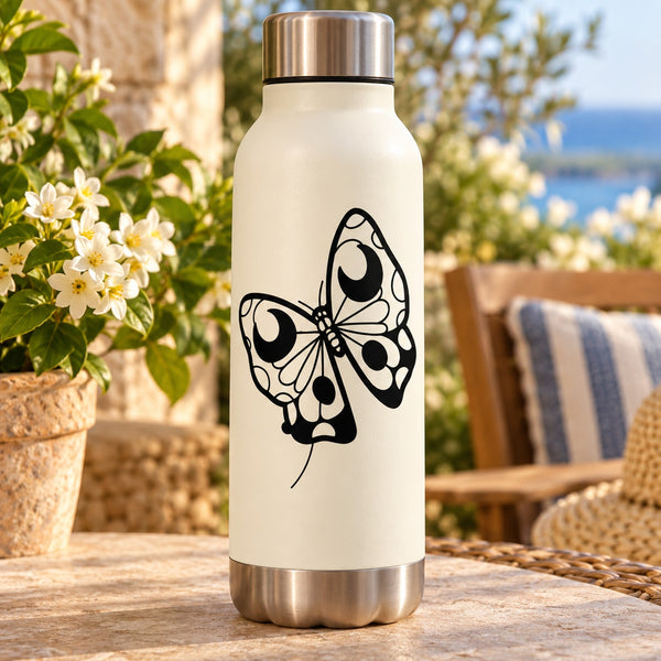 White bottle with black butterfly vinyl decal