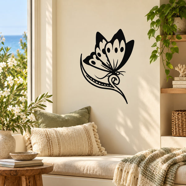 Black butterfly vinyl wall decal with decorative wing pattern and antenna