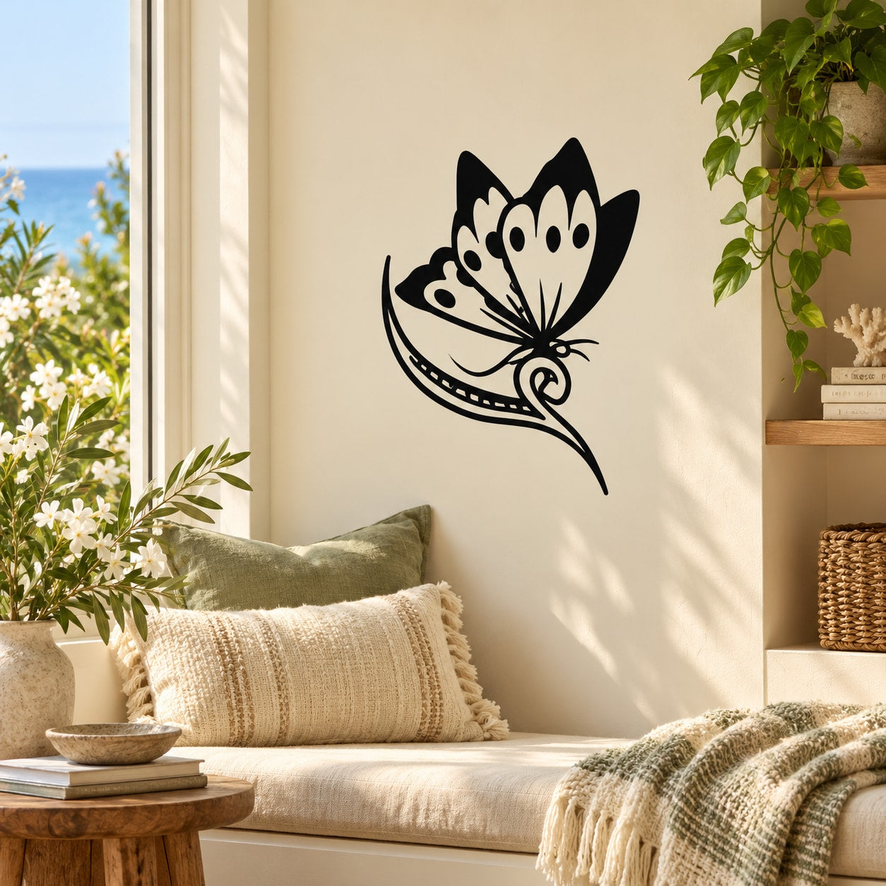 Black butterfly vinyl wall decal with decorative wing pattern and antenna