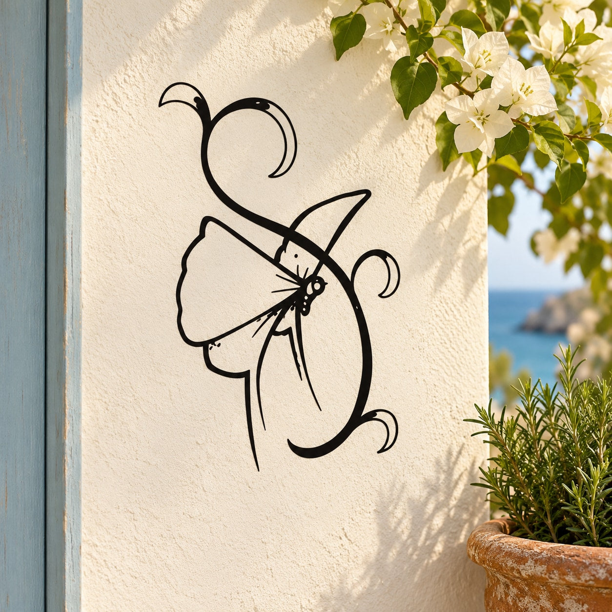Black butterfly vinyl wall decal with detailed outline wings and antennae