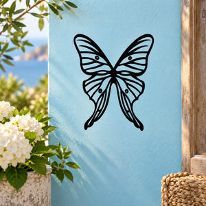 Black butterfly vinyl wall decal with detailed wings, adhesive for smooth surfaces