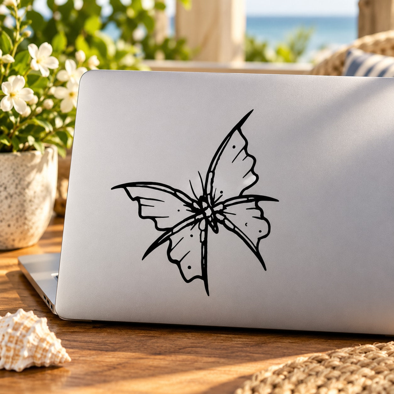 Black butterfly outline vinyl decal sticker with detailed wing lines